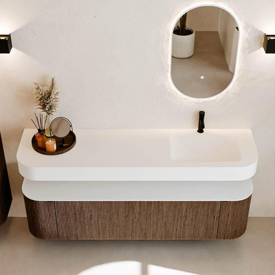 MONDIAZ THOR Meuble de salle de bains 170cm arrondi gauche + droite couleur Walnut avec 1 tiroir et 2 portes. Vasque suspendue CLOUD Droite 1 trou de robinet couleur Talc.