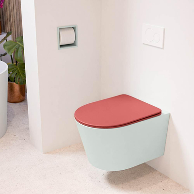Mondiaz LAVIE hangtoilet – spoelrandloos – 36 x 53 cm – met softclose zitting – Greey (lichtgroen/grijs), zitting Fire (rood)