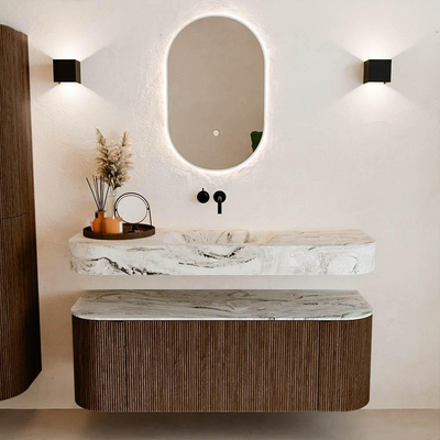 MONDIAZ THOR-DLUX 130cm badmeubel ronding links + rechts kleur Walnut met 1 lade en 2 deuren. Vrijhangende wastafel CLOUD Midden zonder kraangat kleur Glace.