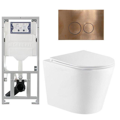 QeramiQ Dely Pack WC cuvette sans bride 36.3x51.7cm avec bâti-support Geberit UP320 abattant WC blanc brillant frein de chute et plaque de commande Cuivre boutons Ronds