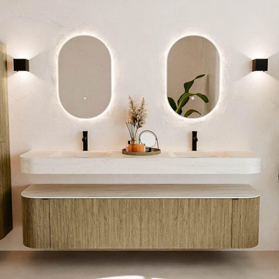 MONDIAZ THOR-DLUX 190cm meuble de salle de bains arrondi gauche + droite couleur Dusk avec 2 tiroirs et 2 portes. Vasque suspendue CLOUD Double 2 trous de robinet couleur Meli.