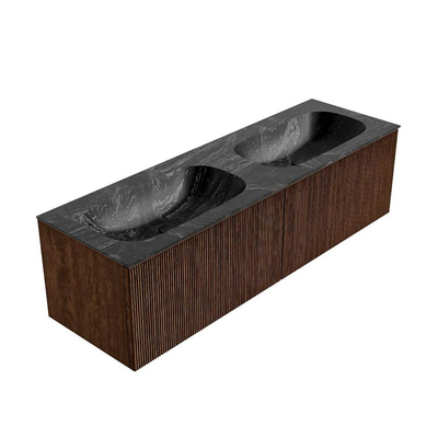 MONDIAZ KURVE-DLUX 150cm Meuble salle de bain - couleur Walnut - 2 tiroirs - vasque STOR SMALL double - 2 trous de robinet - couleur Lava