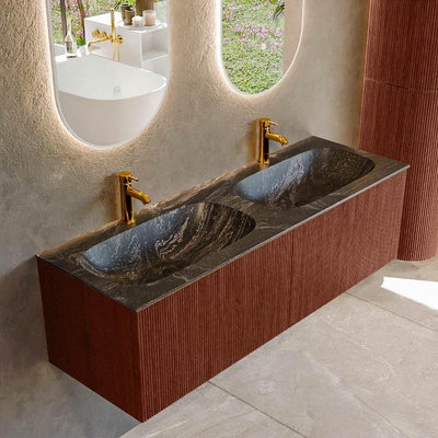 Mondiaz KURVE-DLUX Badkamermeubelset - 140x46x40cm - 2 lade - wastafel solid surface - dubbel - 2 kraangaten - Ruby