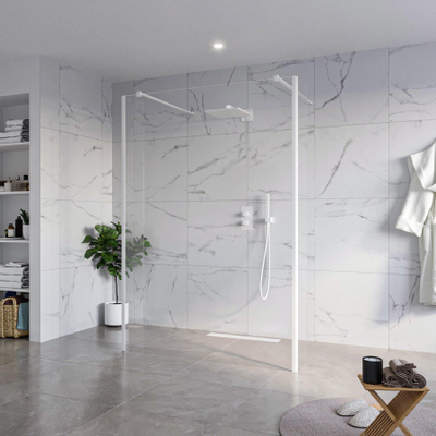 Fortifura Galeria Vrijstaande Inloopdouche - 140x200cm - Helder - antikalk - 8mm veiligheidsglas - 2 zijwanden 40cm - wandsteunen en hoekprofielen - Wit mat