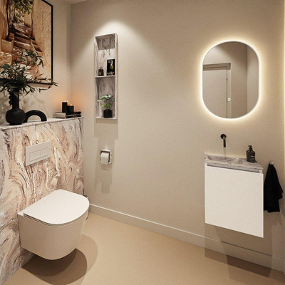 MONDIAZ TURE-DLUX Meuble toilette - 40cm - Talc - EDEN - vasque Glace - position gauche - sans trou de robinet