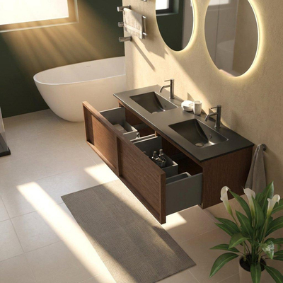 Saniclass Holz Frame Ensemble meuble de salle de bains - 140x45x42cm - lavabo Vygo en céramique noir - 2 vasques - 2 trous de robinetterie - 2 tiroirs - mat walnut pure (bois)
