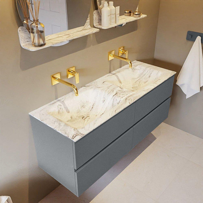 Mondiaz VICA-DLUX ensemble de meuble de salle de bain - 130cm - meuble sous-vasque plata - 4 tiroirs - lavabo encastrée cloud double - sans trous de robinet - version haute de 60cm - glace