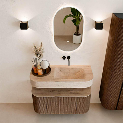 MONDIAZ THOR-DLUX 100cm badmeubel ronding links + rechts kleur Walnut met 1 lade en 2 deuren. Vrijhangende wastafel CLOUD Rechts zonder kraangat kleur Saba.