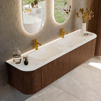 MONDIAZ KURVE-DLUX 180cm badmeubel met module 25 Len R kleur Walnut met 2 lades en 2 deuren. Wastafel LEAF dubbel 2 kraangaten kleur Opalo.