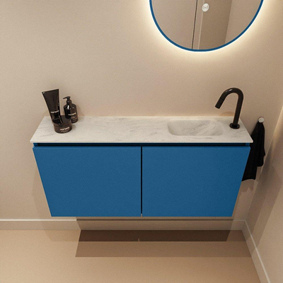 MONDIAZ TURE-DLUX Meuble toilette - 100cm - Jeans - EDEN - vasque Opalo - position droite - 1 trou de robinet