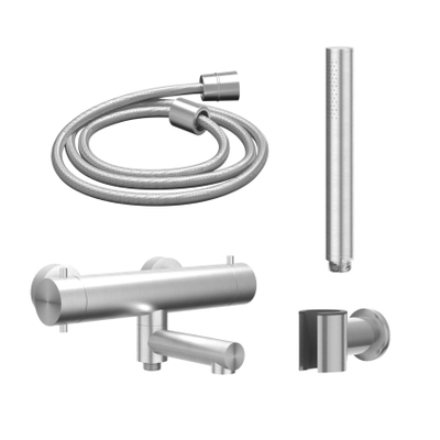 IVY Concord Badkraanset - thermostatisch - draaibare uitloop - met wandhouder - staafhanddouche - gladde slang - RVS316 - geborsteld