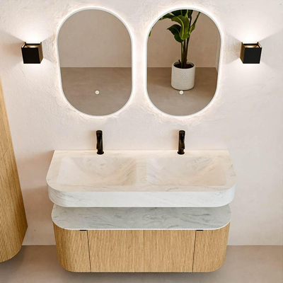MONDIAZ THOR-DLUX 120cm badmeubel ronding links + rechts kleur Oak met 1 lade en 2 deuren. Vrijhangende wastafel CLOUD Dubbel 2 kraangaten kleur Opalo.