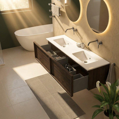 Saniclass Holz Frame Ensemble de meuble de salle de bains - 160x45x42cm - Vygo lavabo en céramique blanc - 2 vasques - sans trous de robinetterie - 2 tiroirs - chêne charcoal mat (bois)