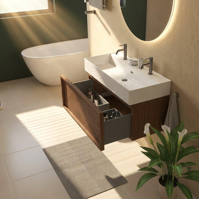 Saniclass Holz Frame Ensemble meuble de salle de bains - 100x45x52cm - Legend lavabo en céramique blanc - 1 vasque - 2 trous de robinet - 1 tiroir - mat walnut pure (bois)