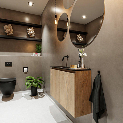 MONDIAZ TURE Fonteinset - 80x23x50cm - 0 kraangaten - 2 deuren - washed oak mat - Wasbak links - Solid Surface Zwart