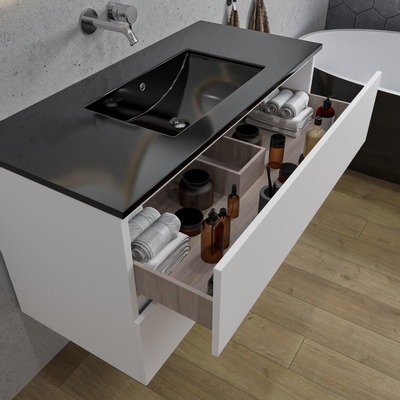 Adema Chaci Ensemble de meuble - 100x46x57cm - 1 vasque en céramique noire - sans trous de robinet - 2 tiroirs - armoire de toilette - blanc mat
