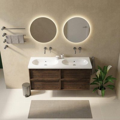 Saniclass Holz Frame Ensemble de meubles de salle de bains - 140x45x63.5cm - lavabo Palermo en céramique blanc - 2 cuves - sans trous de robinetterie - 4 tiroirs - chêne charcoal mat (bois)