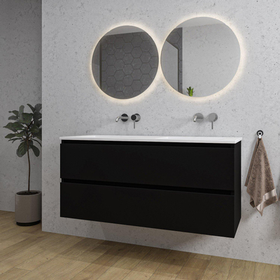 Saniclass Chaci Meuble de salle de bain - 120x45x55cm - lavabo en céramique brillant blanc - 2 vasques - sans trou de robinet - 2 tiroirs - noir mat