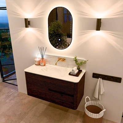 Mondiaz CIRO-DLUX Badkamermeubelset - 100x45x50cm - Solid surface wastafel Opalo - 1 wasbak Midden - zonder kraangaten - 2 lades - Walnut