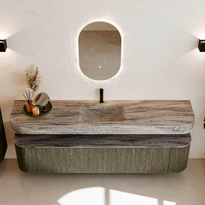 MONDIAZ THOR-DLUX 200cm meuble de salle de bains arrondi gauche + droite couleur Shadow avec 2 tiroirs et 2 portes. Vasque suspendue CLOUD Milieu 1 trou de robinet couleur Oza.