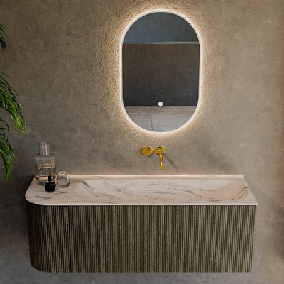MONDIAZ KURVE-DLUX 125cm badmeubel ronding Links kleur Shadow met 1 lade en 1 deur. Wastafel BIG MEDIUM Rechts zonder kraangat Nata.
