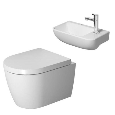 Duravit Me by Starck Kit de WC suspendu compact avec abattante frein de chute blanc et kit lave-mains 40x22cm avec robinet et siphon blanc