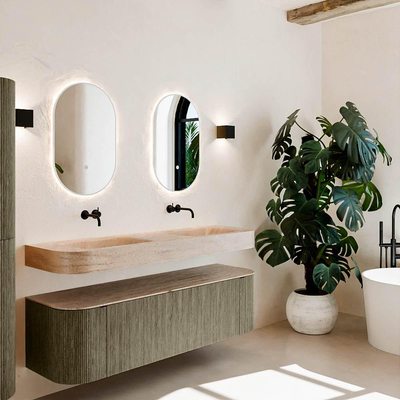 MONDIAZ THOR-DLUX 160cm meuble de salle de bains arrondi gauche + droite couleur Shadow avec 1 tiroir et 2 portes. Vasque suspendue CLOUD Double sans trou de robinet couleur Saba.