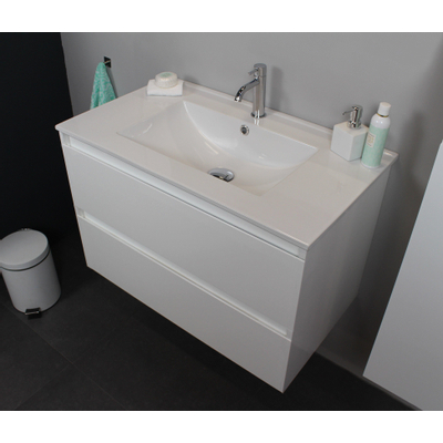 Basic Line Bella Badkamermeubelset - 80x55x46cm - 1 wasbak - Keramiek - Wit - 1 kraangat - Spiegelkast zonder verlichting - Melamine Wit hoogglans