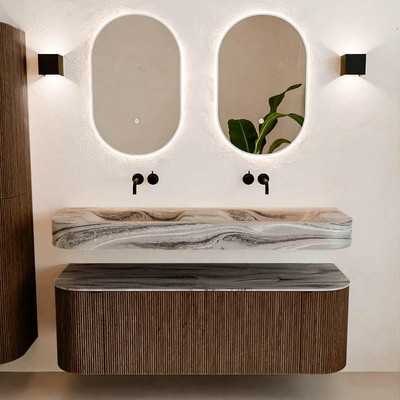 MONDIAZ THOR-DLUX 140cm meuble de salle de bains arrondi gauche + droite couleur Walnut avec 1 tiroir et 2 portes. Vasque suspendue CLOUD Double sans trou de robinet couleur Sombra.