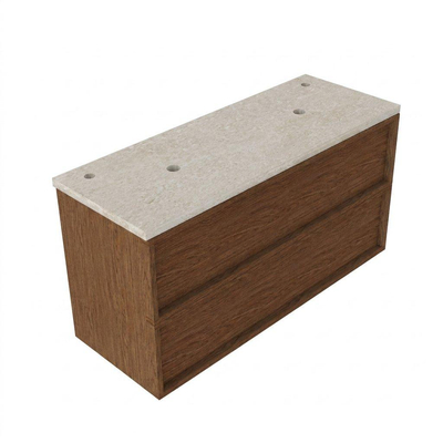 Saniclass Holz Frame Ensemble meuble de salle de bains - 120x45x63cm - Plan de travail en pierre naturelle travertin - 2 trous de robinet - 2 tiroirs - mat walnut pure (bois)