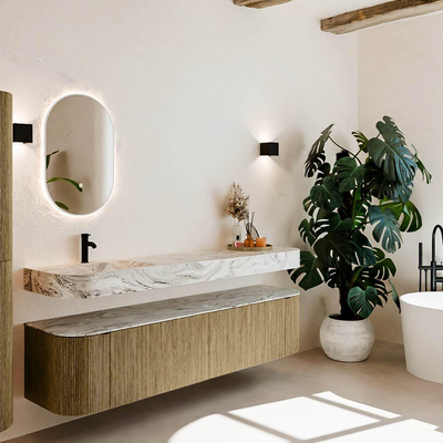 MONDIAZ THOR-DLUX Meuble de salle de bains 190cm arrondi gauche + droite couleur Dusk avec 2 tiroirs et 2 portes. Vasque suspendue CLOUD Gauche 1 trou de robinet couleur Glace.