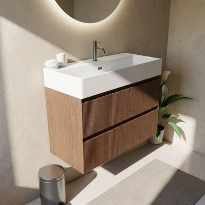 Saniclass Holz Atelier Ensemble meuble de salle de bains - 100x45x72cm - lavabo Legend en céramique blanc - 1 vasque - 1 trou de robinetterie - 2 tiroirs - noyer pur mat (bois)