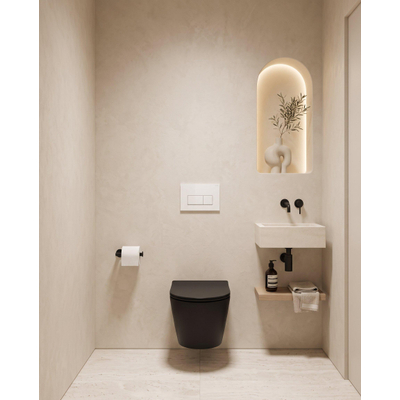 QeramiQ Dely Toiletset - 36.3x51.7cm - Geberit UP720 inbouwreservoir - rimless - diepspoel - 35mm zitting - softclose - bedieningsplaat glans wit - rechthoekige knoppen - mat zwart