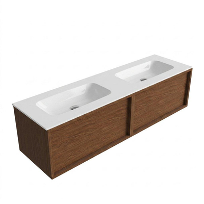 Saniclass Holz Frame Ensemble de meubles de salle de bains - 160x45x41.5cm - Flow lavabo en solid surface blanc - 2 vasques - sans trous de robinetterie - 2 tiroirs - noyer pure mat (bois)