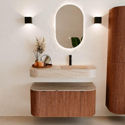 MONDIAZ THOR-DLUX 100cm meuble de salle de bains arrondi gauche + droite couleur Ruby avec 1 tiroir et 2 portes. Vasque suspendue CLOUD Droite 1 trou de robinet couleur Saba.