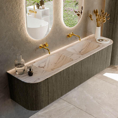 MONDIAZ KURVE-DLUX Meuble de salle de bains 180cm arrondi gauche + droite couleur Shadow avec 2 tiroirs et 2 portes. Lavabo LEAF Double sans trou de robinet Nata.