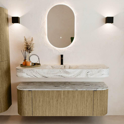 MONDIAZ THOR-DLUX 140cm meuble de salle de bains arrondi gauche + droite couleur Dusk avec 1 tiroir et 2 portes. Vasque suspendue CLOUD Milieu 1 trou de robinet couleur Glace.