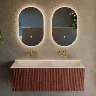 MONDIAZ KURVE-DLUX Meuble de salle de bains 120 cm couleur Ruby avec 1 tiroir et 0 porte. Lavabo LEAF Double sans trou de robinet Meli.