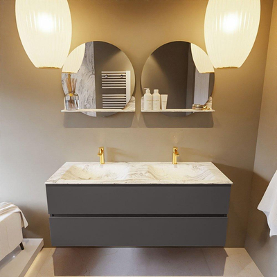 Mondiaz VICA-DLUX ensemble de meuble de salle de bain - 130cm - meuble sous-vasque gris foncé - 2 tiroirs - lavabo encastré cloud double - 2 trous de robinet - version haute de 60cm - glace