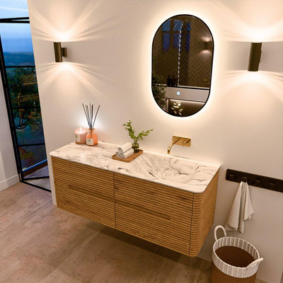 Mondiaz CIRO-DLUX Meuble de salle de bains - 130x45x50cm - Plan-vasque Solid surface Glace - 1 vasque à droite - sans trous de robinetterie - 4 tiroirs - Chêne