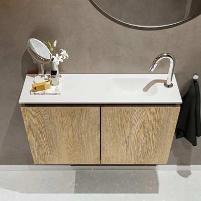 MONDIAZ TURE Kit lave-mains - 80x23x50cm - 1 trou de robinet - 2 portes - chêne blanchi mat - Lavabo à droite - Solid Surface Blanc