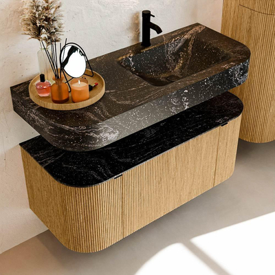 MONDIAZ THOR-DLUX 110cm meuble de salle de bains arrondi gauche + droite couleur Oak avec 1 tiroir et 2 portes. Vasque suspendue CLOUD Droite 1 trou de robinet couleur Lava.