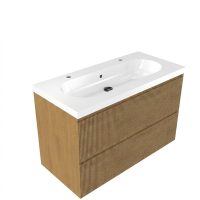 Saniclass Holz Atelier Ensemble meuble de salle de bains - 100x45x63,5cm - lavabo Palermo en céramique blanc - 1 vasque - 2 trous de robinetterie - 2 tiroirs - chêne natural mat (bois)