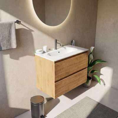 Saniclass Holz Pure Ensemble de meubles de salle de bains - 80x45x73.9cm - lavabo Chaci en céramique blanc - 1 vasque - 1 trou de robinetterie - 2 tiroirs - chêne natural mat (bois)