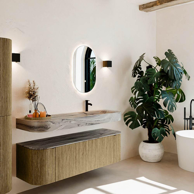 MONDIAZ THOR-DLUX 150cm meuble de salle de bains arrondi gauche + droite couleur Dusk avec 1 tiroir et 2 portes. Vasque suspendue CLOUD Droite 1 trou de robinet couleur Sombra.