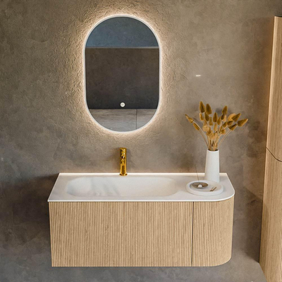 MONDIAZ KURVE 105cm Meuble salle de bain avec module 25 D - couleur Oak - 1 tiroir - 1 porte - vasque BIG SMALL gauche - 1 trou de robinet - Talc