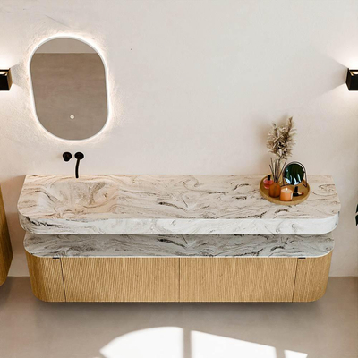 MONDIAZ THOR-DLUX 200cm meuble de salle de bains arrondi gauche + droite couleur Chêne avec 2 tiroirs et 2 portes. Vasque suspendue CLOUD Gauche sans trou de robinet couleur Glace.