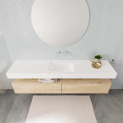 MONDIAZ ALAN 200cm - meuble sous-vasque - chêne blanchi - 2 tiroirs - lavabo suspendu - vasque au milieu - 0 trous de robinet - talc