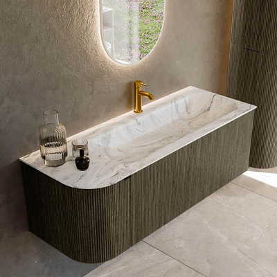 Mondiaz KURVE-DLUX Badkamermeubelset - 125x46x40cm - 1 lade - 1 deur - wastafel solid surface - rechts - 1 kraangat - Shadow
