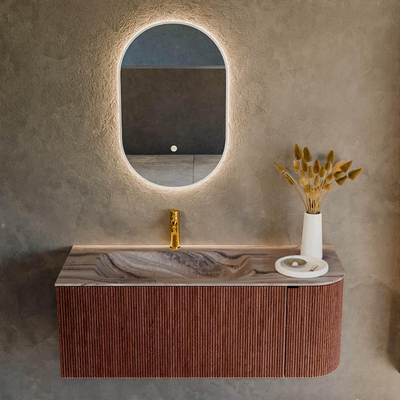 MONDIAZ KURVE-DLUX Meuble de salle de bains 115cm arrondi à droite couleur Ruby avec 1 tiroir et 1 porte. Vasque BIG SMALL à gauche 1 trou de robinet Sombra.